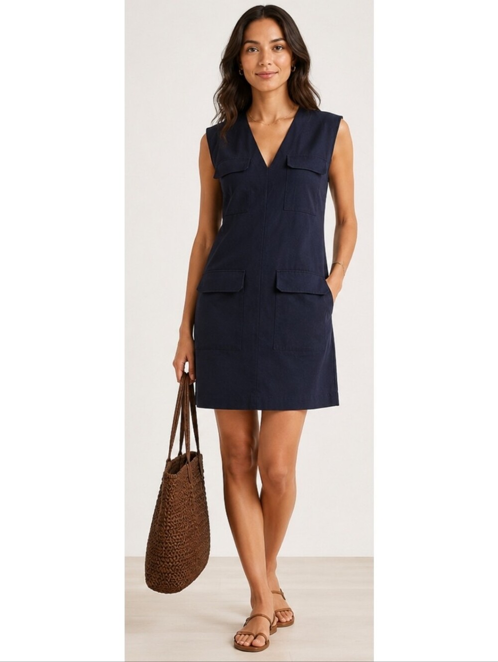Theory Utility Pocket Shift Dress Sleeveless Navy Blue Classic Work Business